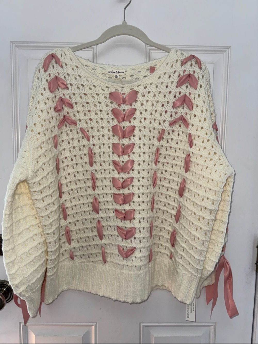 For Love & Lemons Cream Open-Knit Sweater with Pink Ribbon Trim